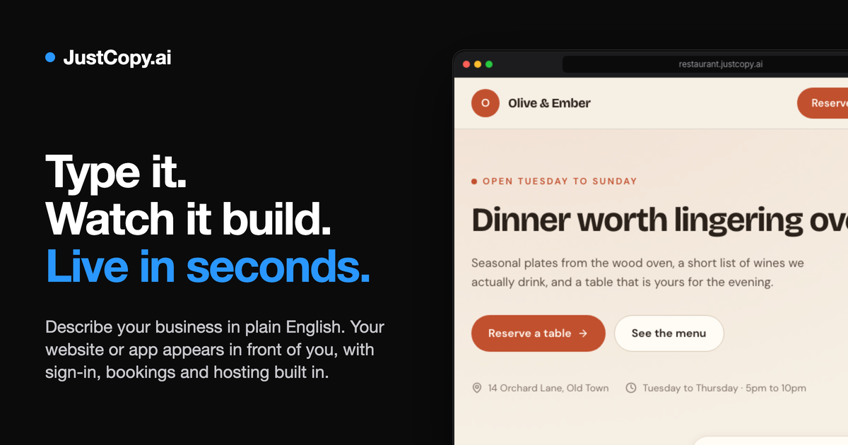 Screenshot of JustCopy.ai, Describe a site in one sentence; it builds, tests and publishes it
